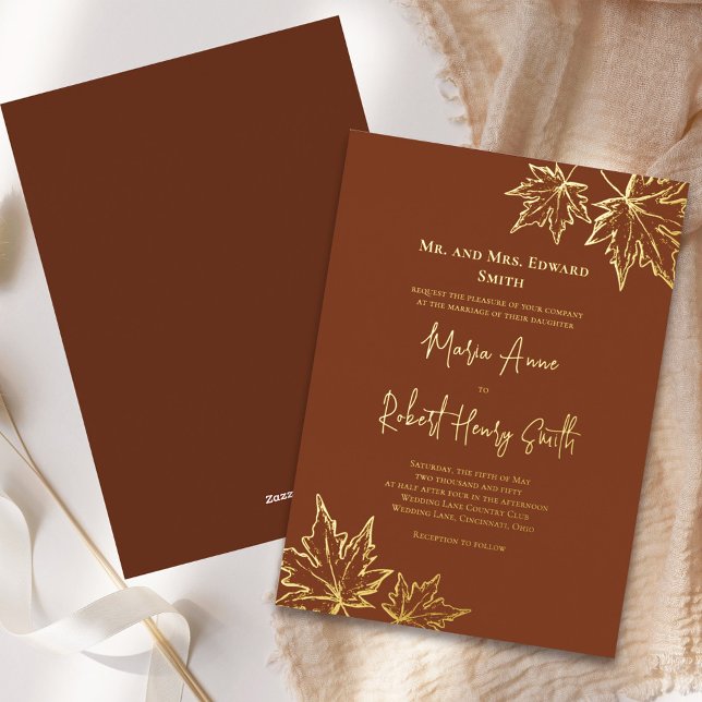 Fall Leaves Elegant Wedding Custom Gold Foil Invitation (Gold foil fall leaves elegant wedding invitation.)