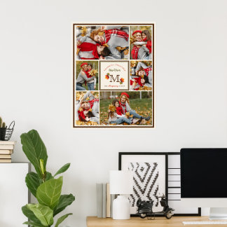 Fall Leaves Family Monogram 6 Photo Thanksgiving Poster