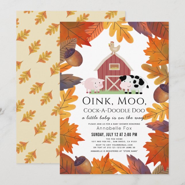 Fall Leaves Farm Animals Barnyard Baby Shower Invitation (Front/Back)