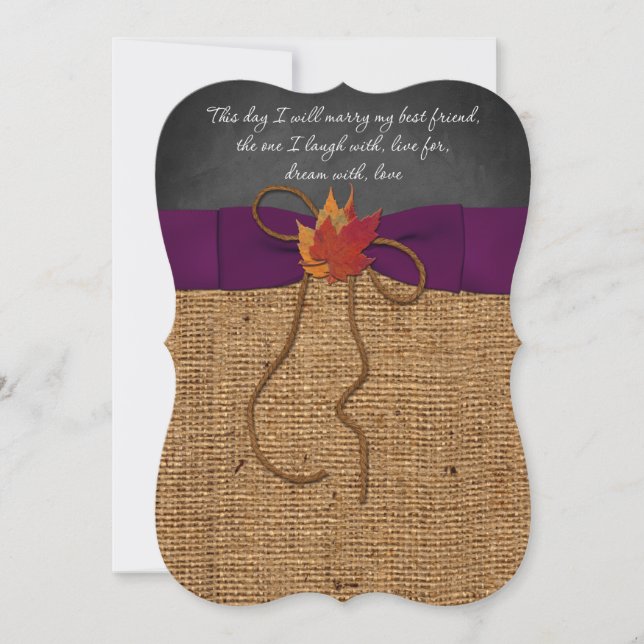 Fall Leaves FAUX Burlap, Chalkboard Wedding Invite (Front)