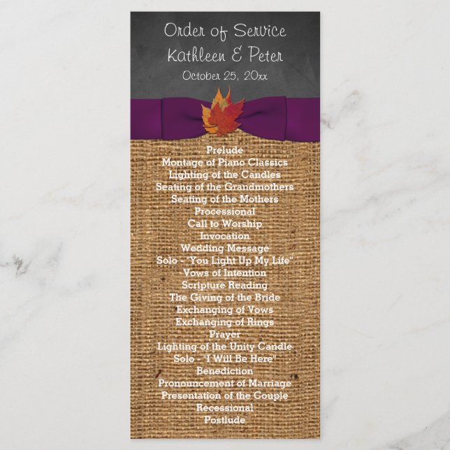 Fall Leaves FAUX Burlap Chalkboard Wedding Program (Front)
