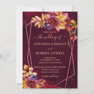 Fall Leaves Flowers and Berries Burgundy Wedding Invitation