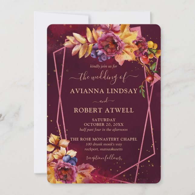 Fall Leaves Flowers and Berries Burgundy Wedding Invitation (Front)