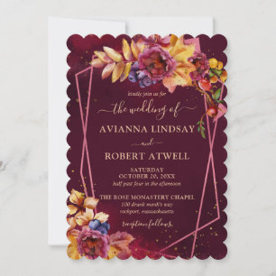 Fall Leaves Flowers and Berries Burgundy Wedding Invitation