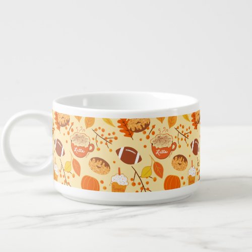 Fall Leaves Football and Pumpkin Spice Pattern Bowl