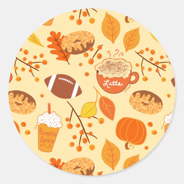 Fall Leaves Football and Pumpkin Spice Pattern Classic Round Sticker (Front)