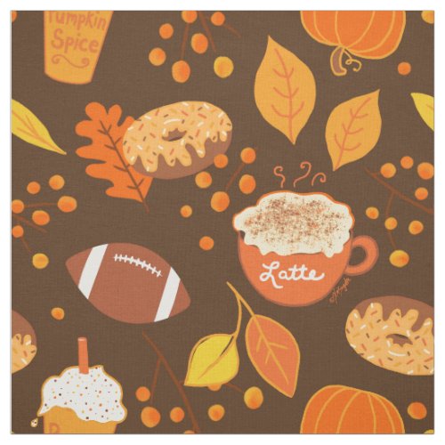 Fall Leaves Football and Pumpkin Spice Pattern Fabric