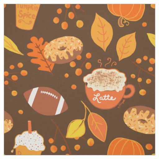 Fall Leaves Football and Pumpkin Spice Pattern Fabric