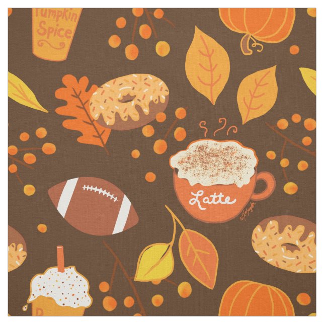 Fall Leaves Football and Pumpkin Spice Pattern Fabric (Swatch)