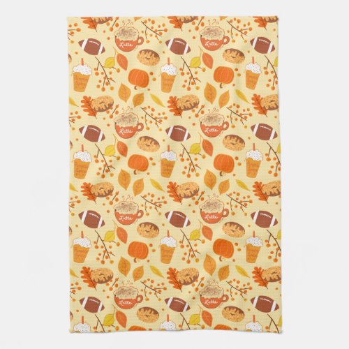 Fall Leaves Football and Pumpkin Spice Pattern Kitchen Towel