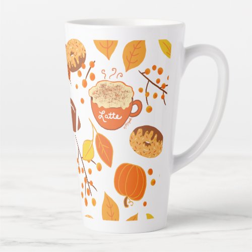 Fall Leaves Football and Pumpkin Spice Pattern Latte Mug