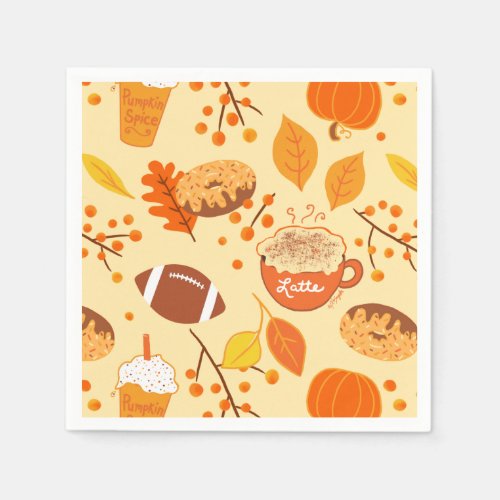 Fall Leaves Football and Pumpkin Spice Pattern Napkins