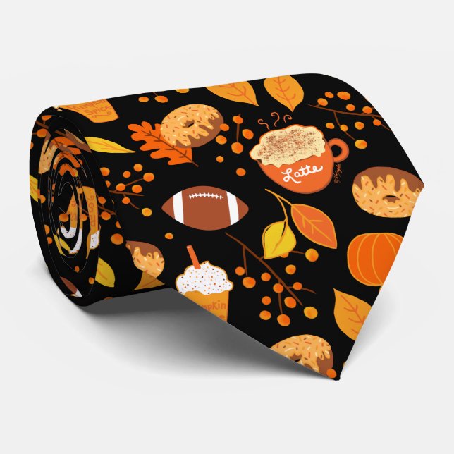 Fall Leaves Football and Pumpkin Spice Pattern Neck Tie (Rolled)