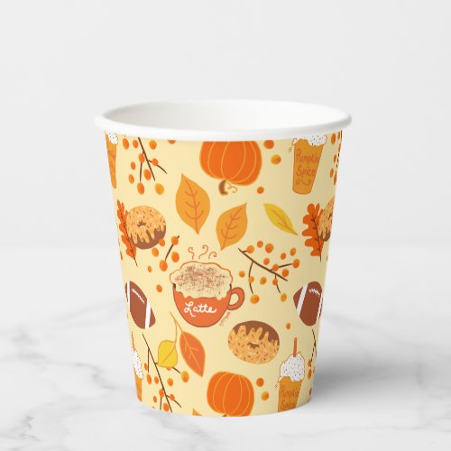 Fall Leaves Football and Pumpkin Spice Pattern Paper Cups
