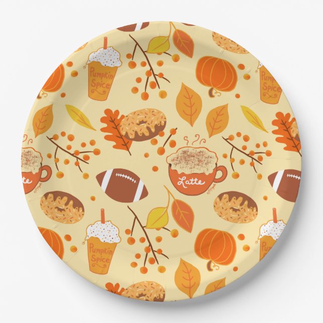 Fall Leaves Football and Pumpkin Spice Pattern Paper Plates (Front)