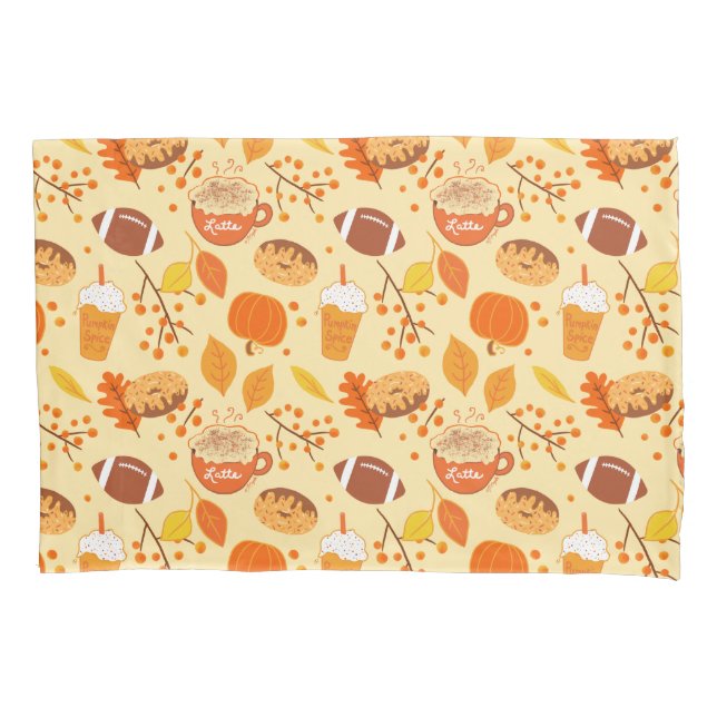 Fall Leaves Football and Pumpkin Spice Pattern Pillow Case (Front)
