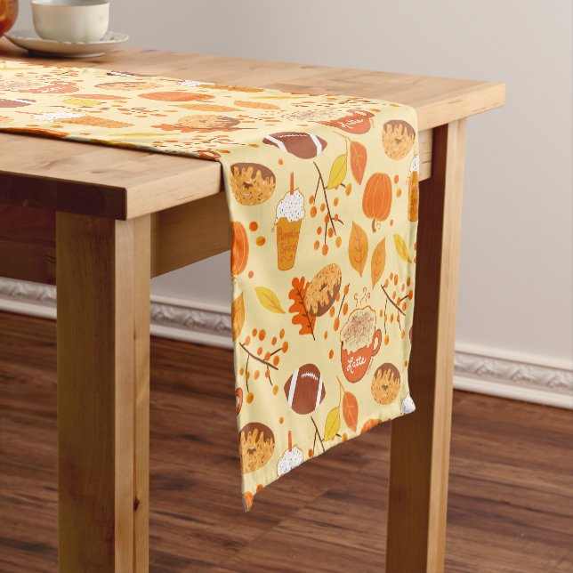 Fall Leaves Football and Pumpkin Spice Pattern Short Table Runner (In Situ)