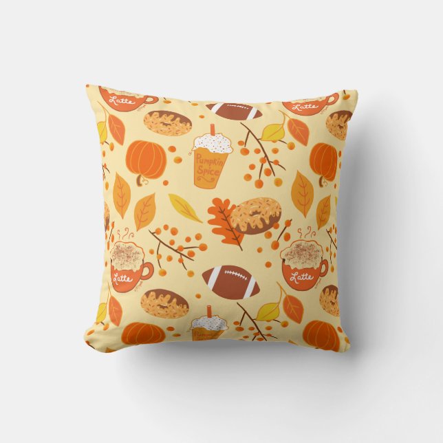 Fall Leaves Football and Pumpkin Spice Pattern Throw Pillow (Front)