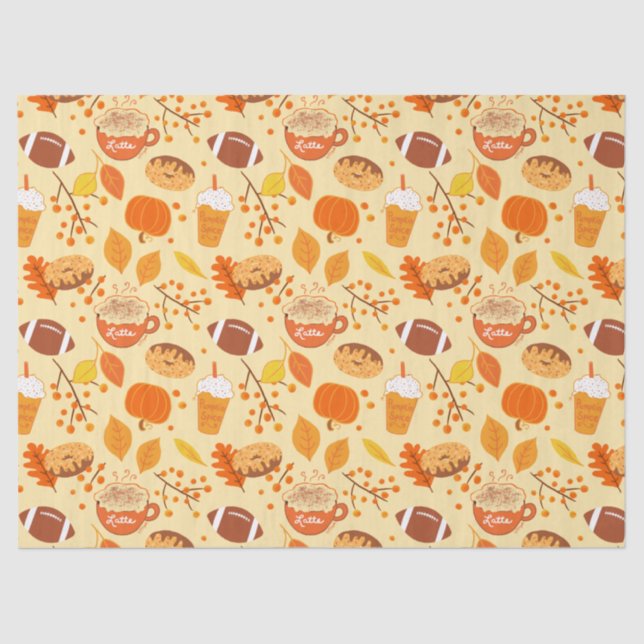Fall Leaves Football and Pumpkin Spice Pattern Tissue Paper (Front)