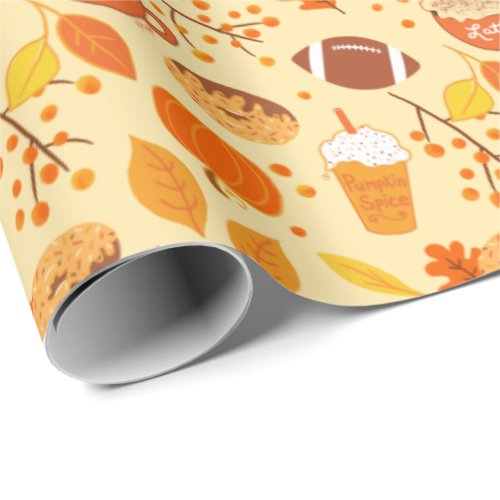 Fall Leaves Football and Pumpkin Spice Pattern Wrapping Paper