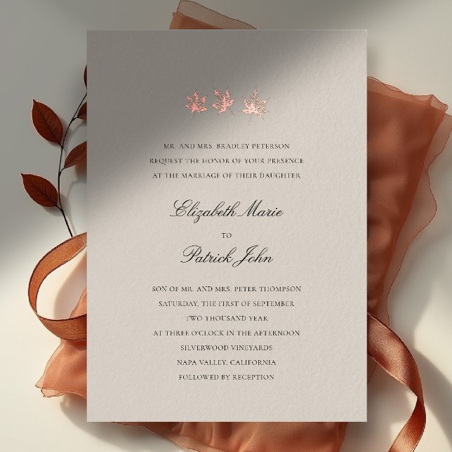 Fall Leaves Formal Modern Classic Wheat Wedding Foil Invitation (fall leaves wedding invitation formal modern classic black tie autumn botanical elegant gold wheat
)