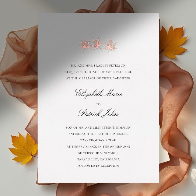 Fall Leaves Formal Modern Classic White Wedding Foil Invitation (fall leaves wedding invitation formal modern classic black tie autumn botanical gold foil white)