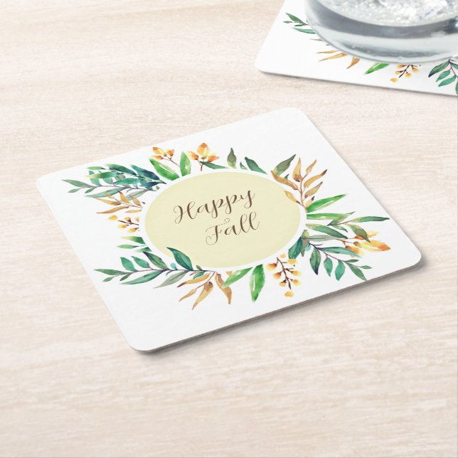 Fall leaves frame with customizable text  square paper coaster (Angled)