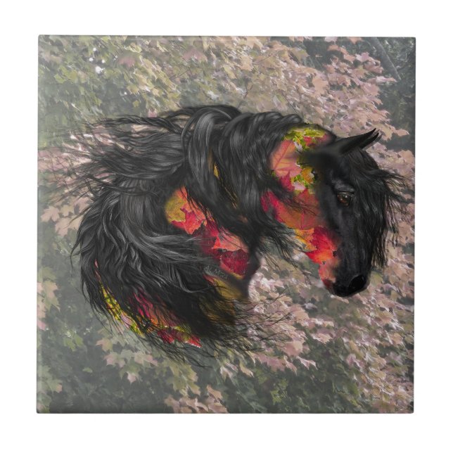 Fall Leaves Friesian Horse Ceramic Tile (Front)