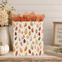 Fall Leaves Gift Bag in Rust Brown Cream & Gray