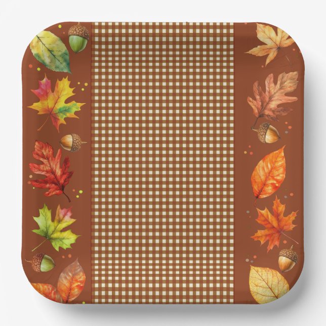 Fall Leaves & Gingham Paper Plate (Front)