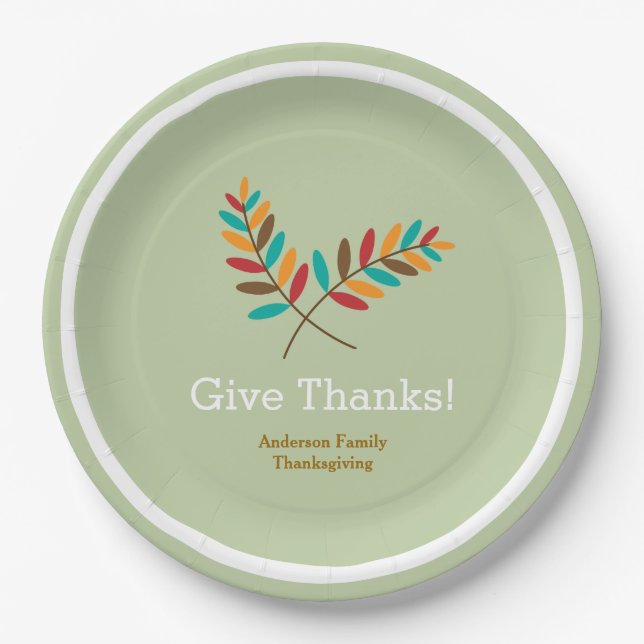 Fall Leaves Give Thanks, Personalized Thanksgiving Paper Plates (Front)