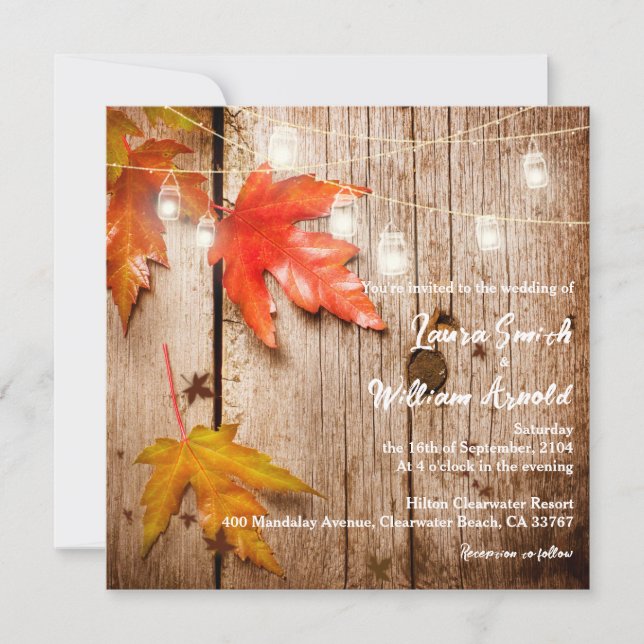 Fall Leaves Glowing Mason Jars Rustic Wood Wedding Invitation (Front)