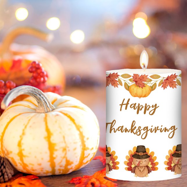 Fall Leaves Gobble Happy Thanksgiving Pillar Candle (Creator Uploaded)