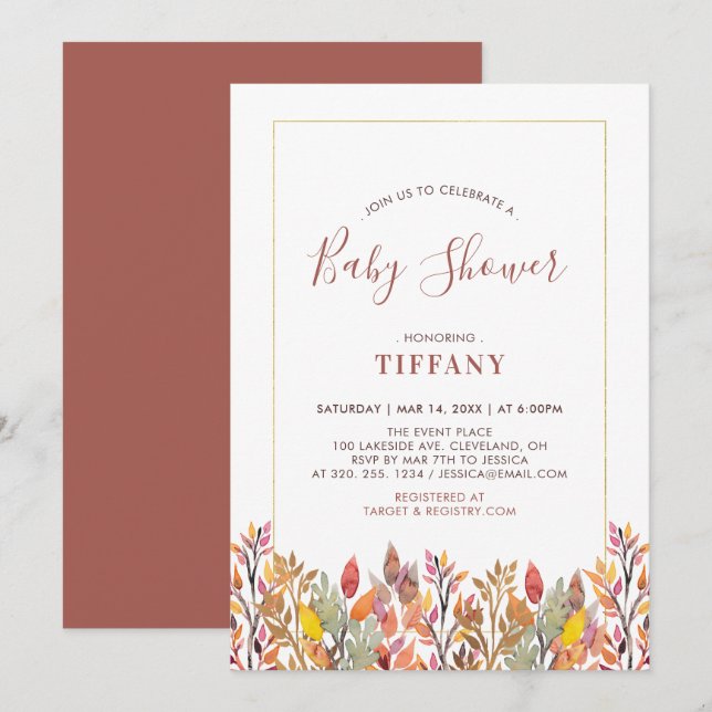 Fall Leaves & Gold Baby Shower, Baby Sprinkle Invitation (Front/Back)