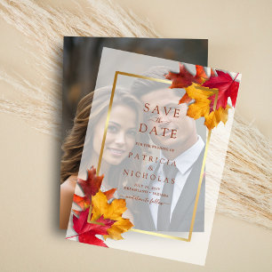 Fall Leaves Golden Frame Wedding Save the Date  Vellum Invitations