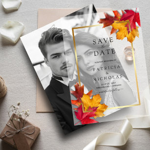 Fall Leaves Golden Frame Wedding Save the Date  Vellum Invitations