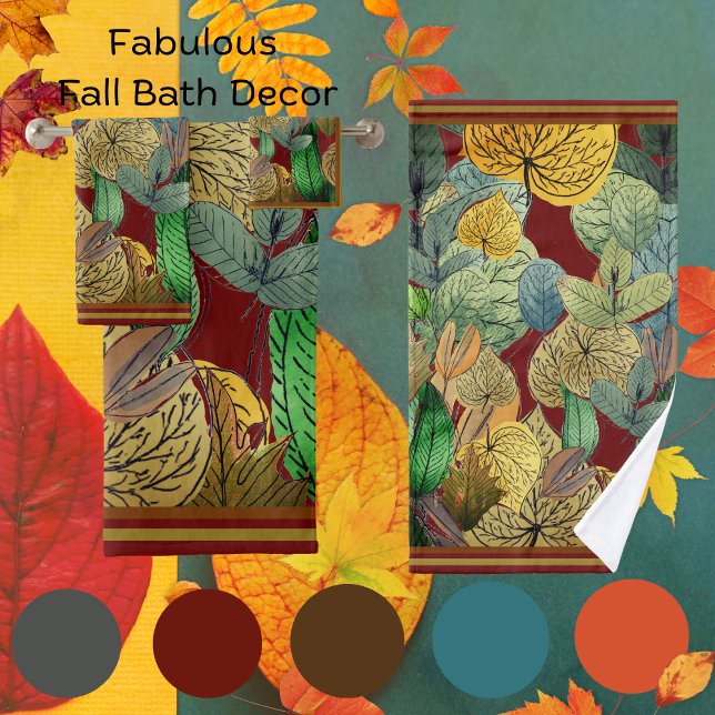 Fall Leaves Green, Brown, Rust, Red Rust Bath Towel Set (Creator Uploaded)