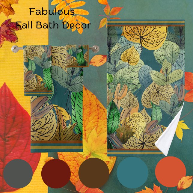 Fall Leaves Green, Brown, Rust, Teal Backing Bath Towel Set (Creator Uploaded)