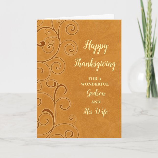 Fall Leaves Happy Thanksgiving Godson & His Wife Holiday Card (Front)
