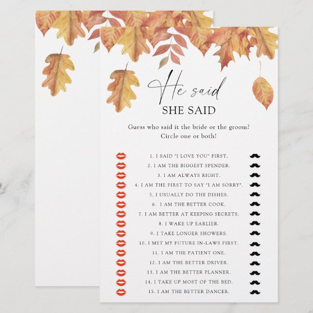 Fall leaves - He said she said bridal shower game (Front/Back)