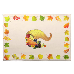 Fall Leaves & Horn of Plenty on Light Beige Cloth Placemat