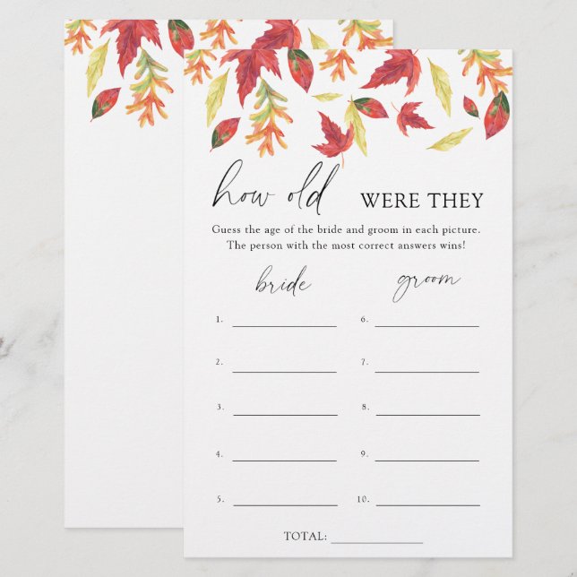Fall leaves - How old were they bridal game (Front/Back)