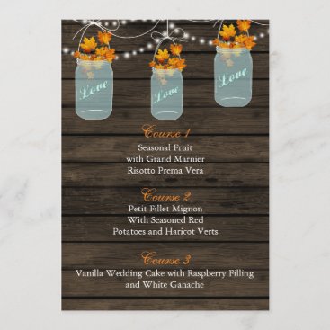 fall leaves in a mason jar wedding menu cards