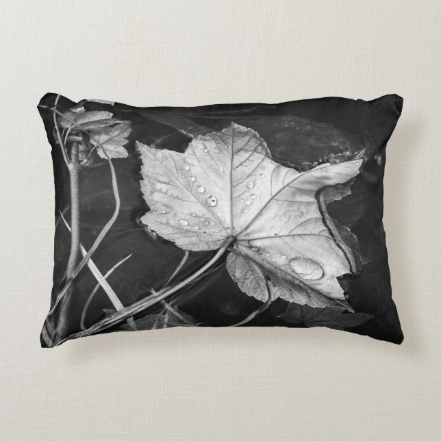 Fall Leaves in a Pond Black and White Accent Pillow (Front)