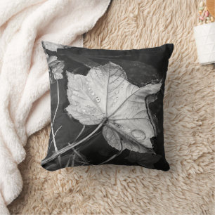 Fall Leaves in a Pond Black and White Cotton Throw Pillow