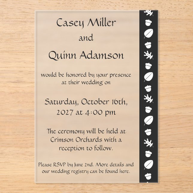 Fall Leaves in Black Acrylic Wedding  Invitations (Front)