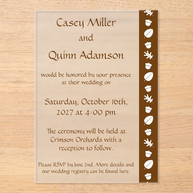 Fall Leaves in Chocolate Acrylic Wedding  Invitations (Front)