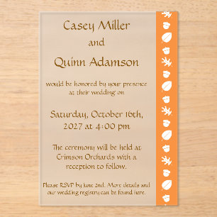 Fall Leaves in Orange Acrylic Wedding Invitations