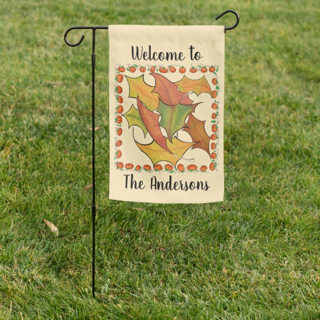 Fall Leaves in Pumpkin Border to Personalize Garden Flag (In SItu)