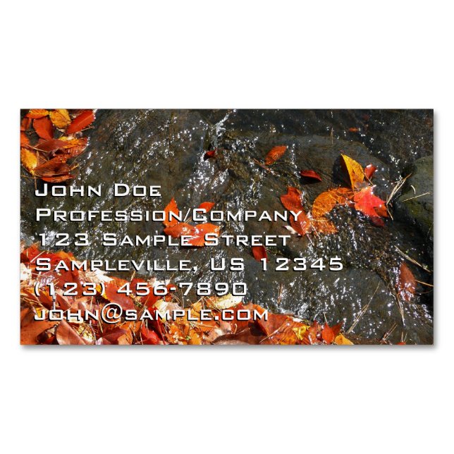 Fall Leaves in Waterfall I Autumn Photography Business Card Magnet (Front)